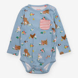 Bodysuit blue LS animals striped pocket