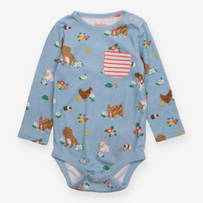 Bodysuit blue LS animals striped pocket