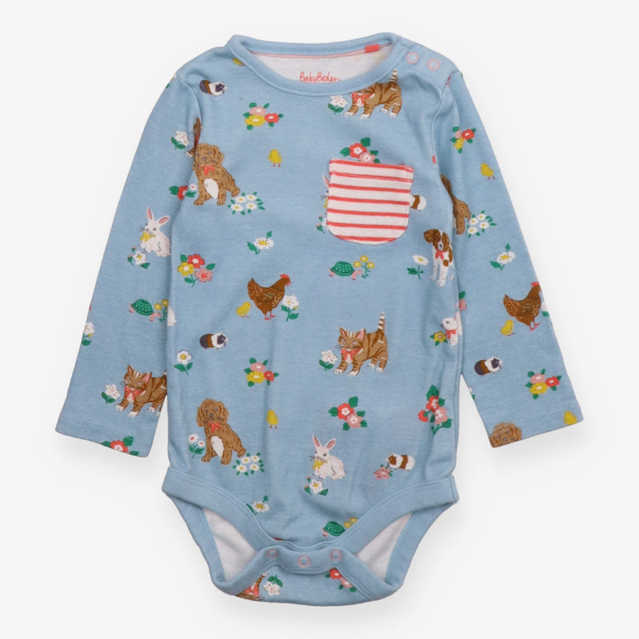 Bodysuit blue LS animals striped pocket