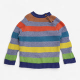 Knit sweater blue with multi striped, button shoul