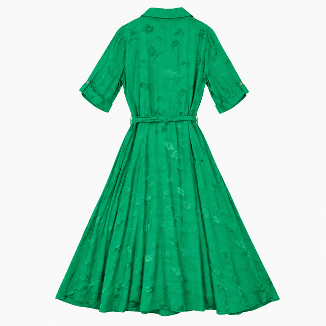 Shirt Dress Emerald Green Tonal Floral Tie Waist