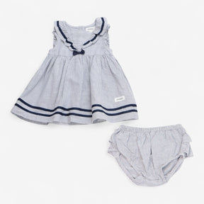 Dress Blue Stripe with Bow and Frilly Bloomers