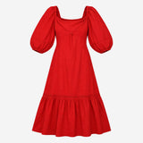 Dress Square Neck Puff Sleeve Midi Red