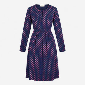 Dress Navy Blue Floral Print Long Sleeve Midi V-Ne
