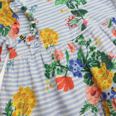 Dress blue stripe LS floral frill shoulder