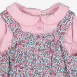 Cord ditsy dungarees with pink collared bodysuit