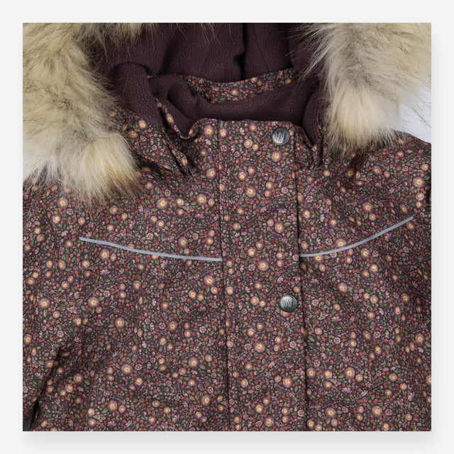 Puffer Coat with faux Fur and Purple Floral Patter