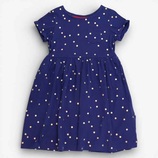 Navy jersey dress with gold polka dots