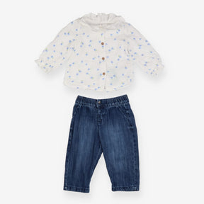 Top With Blue Flowers & Denim Jeans  