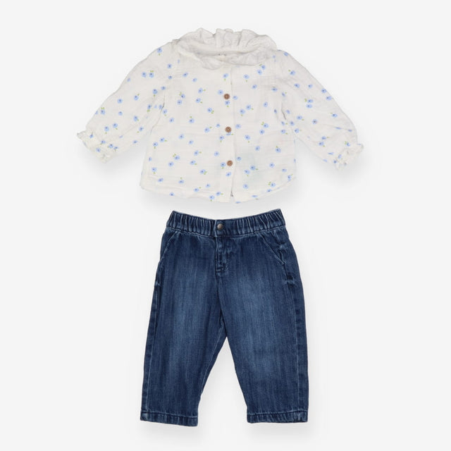 Top With Blue Flowers & Denim Jeans  