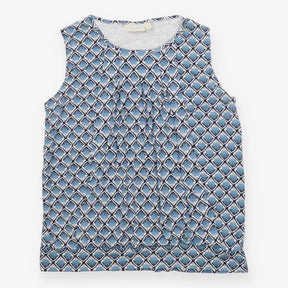 Gathered sleeveless maternity blouse in blue ikat