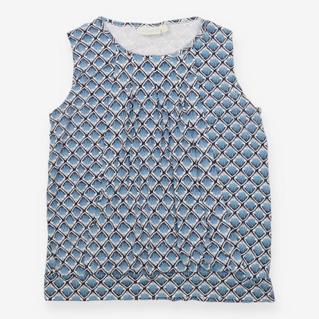 Gathered sleeveless maternity blouse in blue ikat