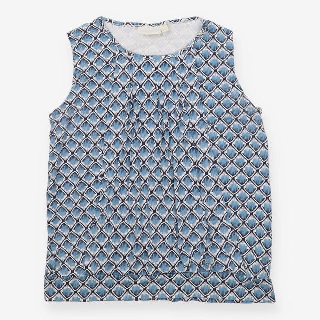 Gathered sleeveless maternity blouse in blue ikat