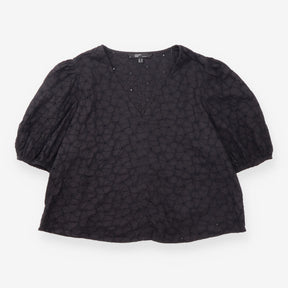 Broderie Anglaise V Neck Puff Sleeve Top Black