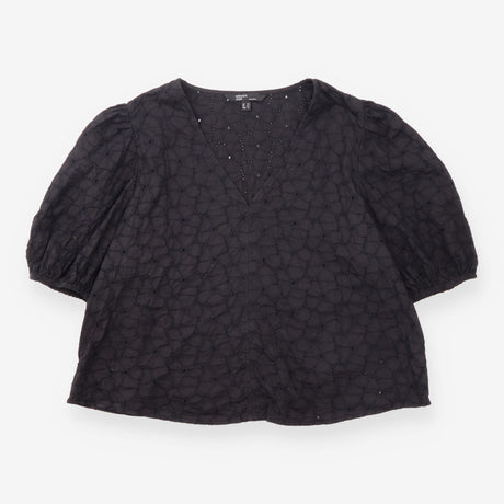Broderie Anglaise V Neck Puff Sleeve Top Black