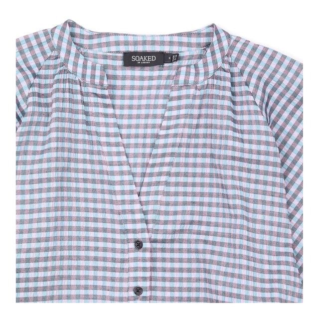 Checked Dress Blue Pink Button Front Long Sleeve