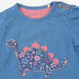 T-Shirt Long Sleeved Blue Dinosaur Applique