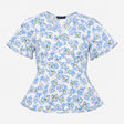 Blouse White Blue Floral Print V Neck Short Sleeve