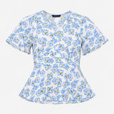 Blouse White Blue Floral Print V Neck Short Sleeve