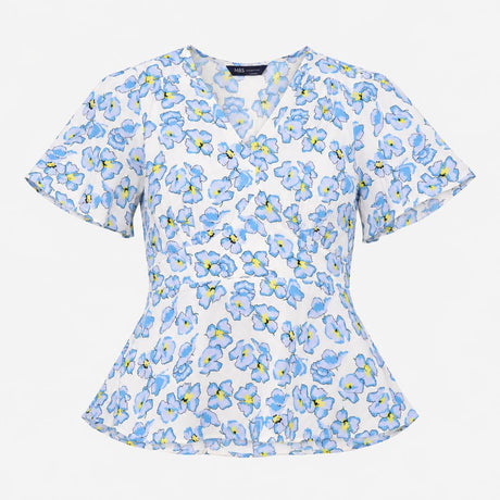 Blouse White Blue Floral Print V Neck Short Sleeve