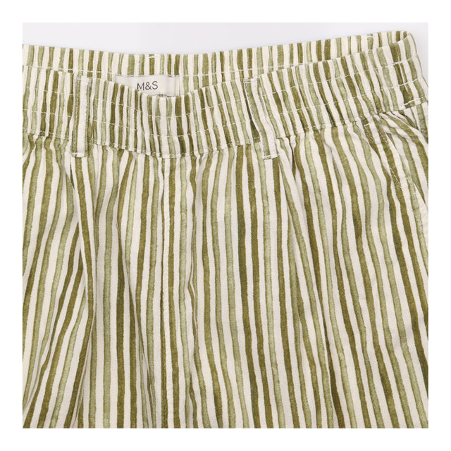 Trousers Green White Linen Rich Striped Elasticate