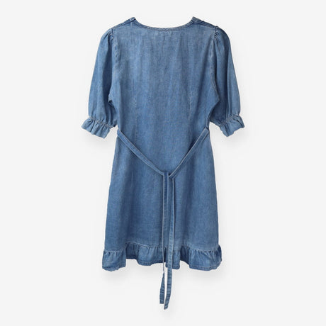 Mini Dress Blue Organic Cotton Puff Shoulder Ruffl