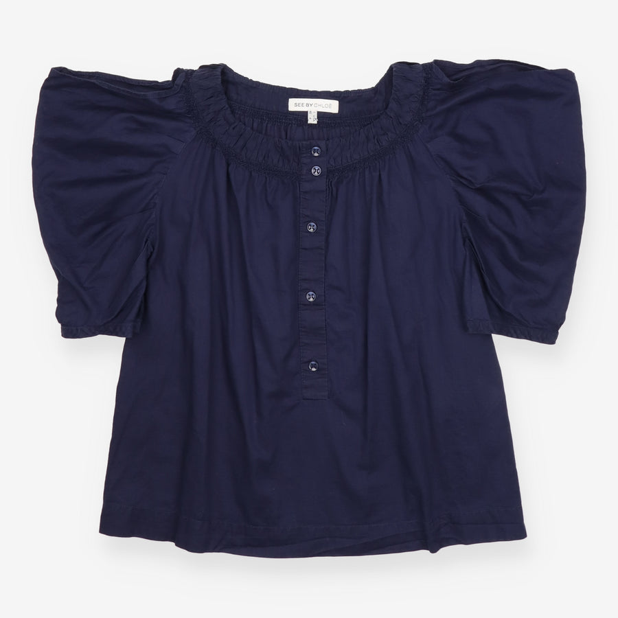 Navy Cotton Cold Shoulder Button Front