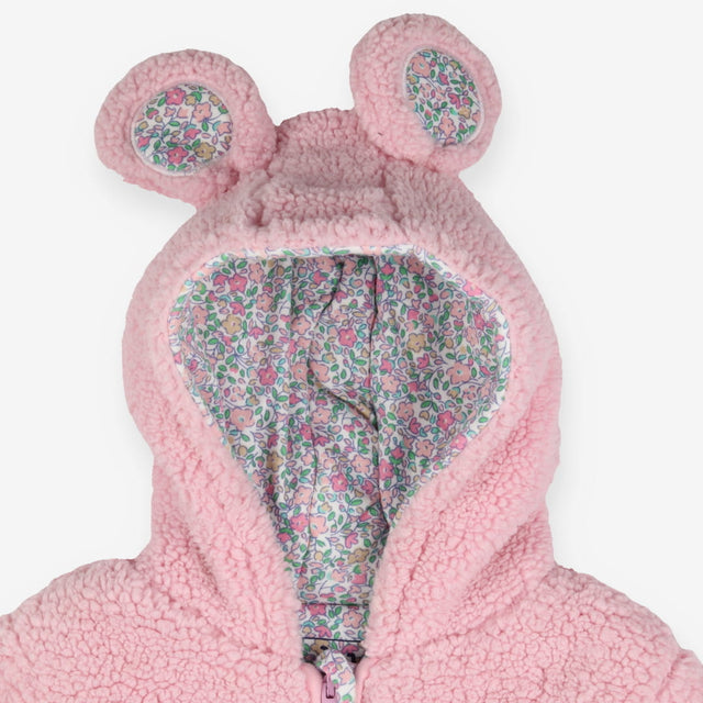Pink Fleece Pramsuit Floral Lined with Mittens