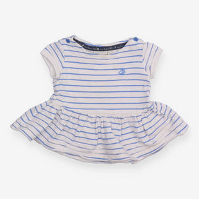 White Dress with Blue Stripes and Boat
