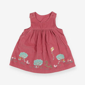 Cord pink dress with woodland applique