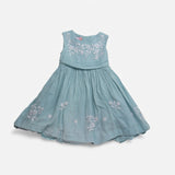 Dress blue embroidered flowers tie belt