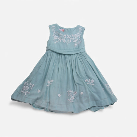 Dress blue embroidered flowers tie belt