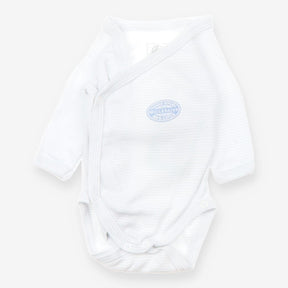 Blue and white stripe wrap bodysuit