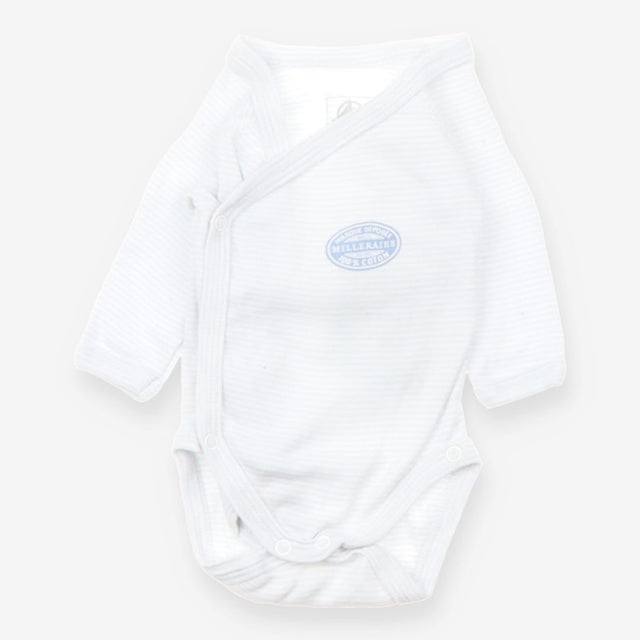 Blue and white stripe wrap bodysuit