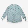 Blouse Pale Blue Cherry Print Tie Cuff Long Sleeve