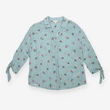 Blouse Pale Blue Cherry Print Tie Cuff Long Sleeve