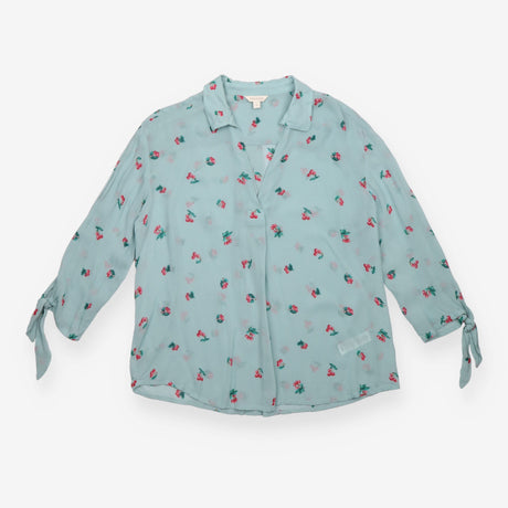 Blouse Pale Blue Cherry Print Tie Cuff Long Sleeve