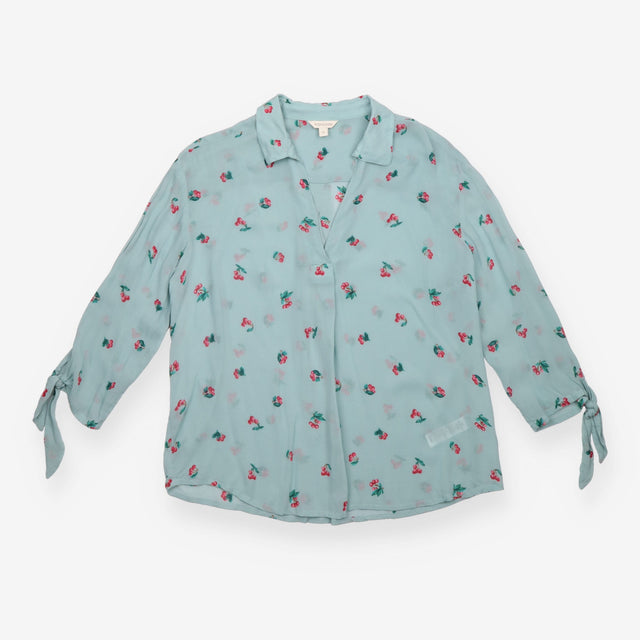 Blouse Pale Blue Cherry Print Tie Cuff Long Sleeve
