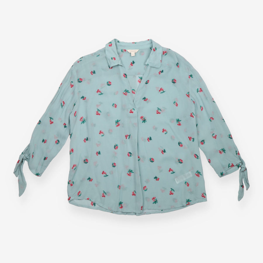 Blouse Pale Blue Cherry Print Tie Cuff Long Sleeve