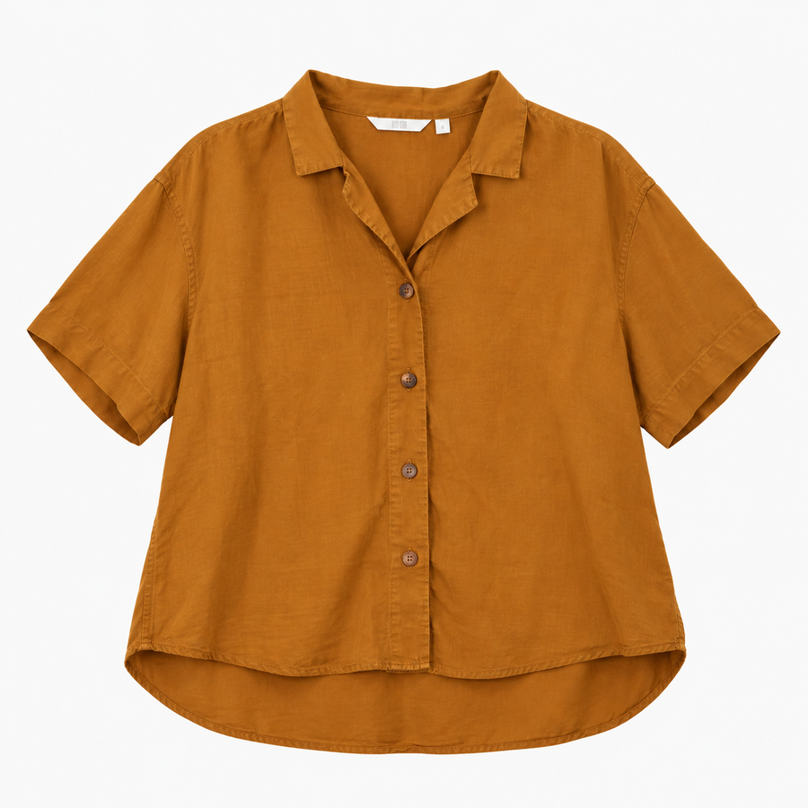 Mustard Yellow Short Sleeve Linen Cuban Collar Rel
