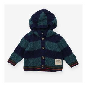 Cardigan Hooded Cable Knit  Blue and Green Stripe