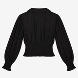 Blouse Black Button Front Shirred Waist Long Sleev