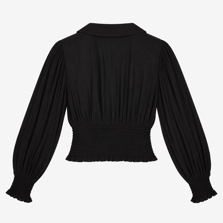 Blouse Black Button Front Shirred Waist Long Sleev