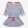 Navy & white striped dress with red buttons and dr