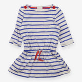 Navy & white striped dress with red buttons and dr