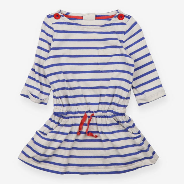 Navy & white striped dress with red buttons and dr