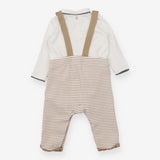 Beige dungarees with green turtle and bodysuit