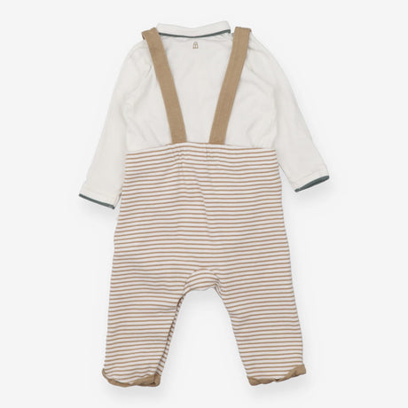 Beige dungarees with green turtle and bodysuit