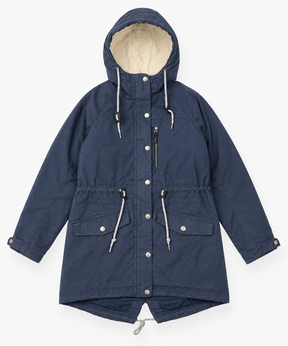 Coat Blue Grey Hooded Parka Drawstring Waist Utili