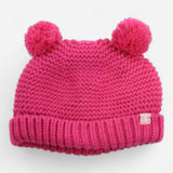 Knitted bobble hat pink with white an navy striped